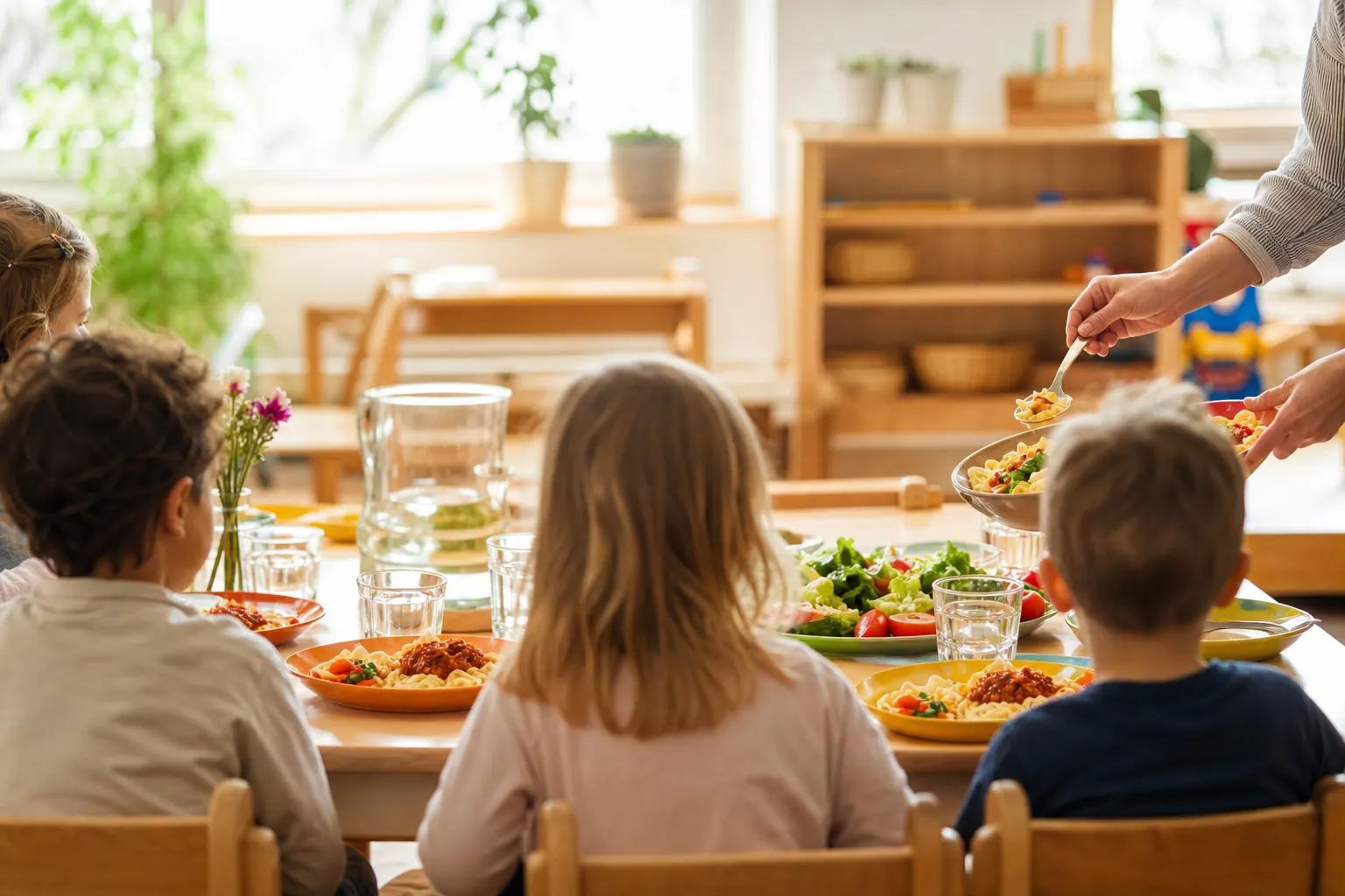 KI-generiertes Motiv: Warmes Mittagessen am Tisch einer Bildungseinrichtung