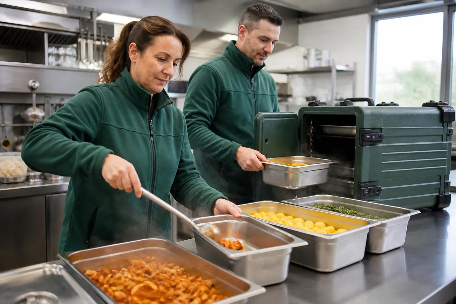 KI-generiertes Motiv: Warmverpflegung - Edelstahl-GN und Thermobox in der Produktionsküche