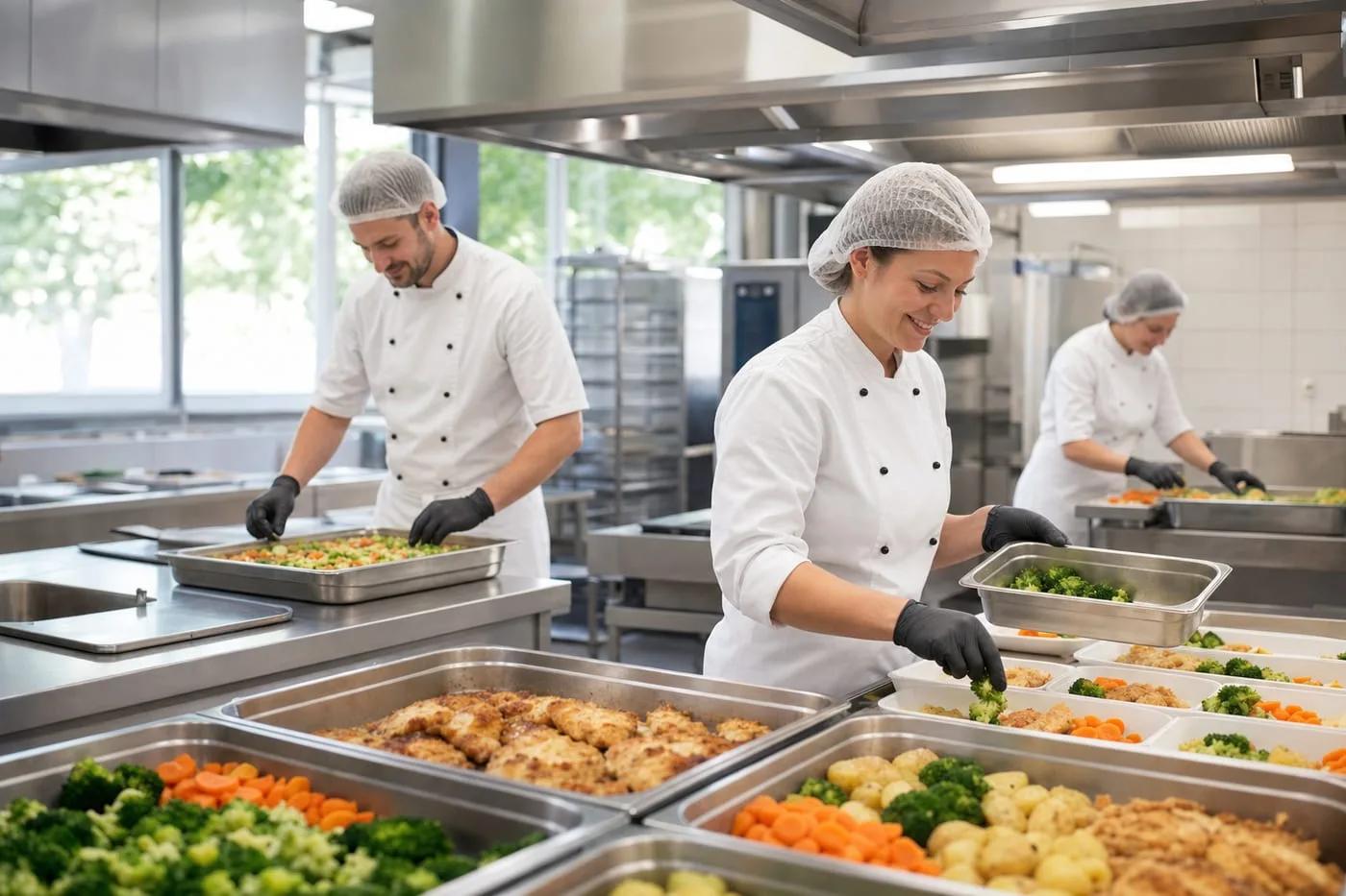 Unsere Produktionsküche — frisches Kochen und Portionieren im Team