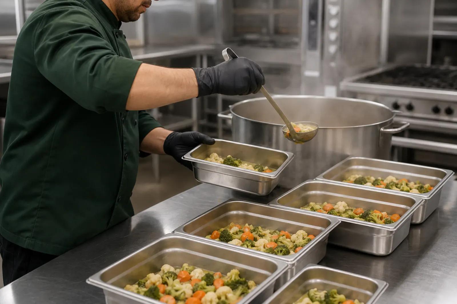 KI-generiertes Motiv: Qualität und Hygiene - Portionierung in Edelstahl-GN