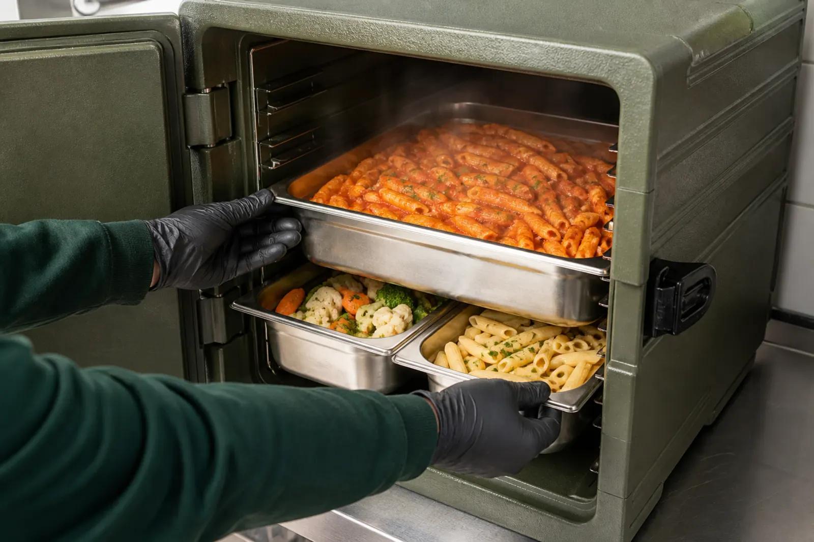 KI-generiertes Motiv: Warmportionierung in Edelstahl-GN und Thermobox