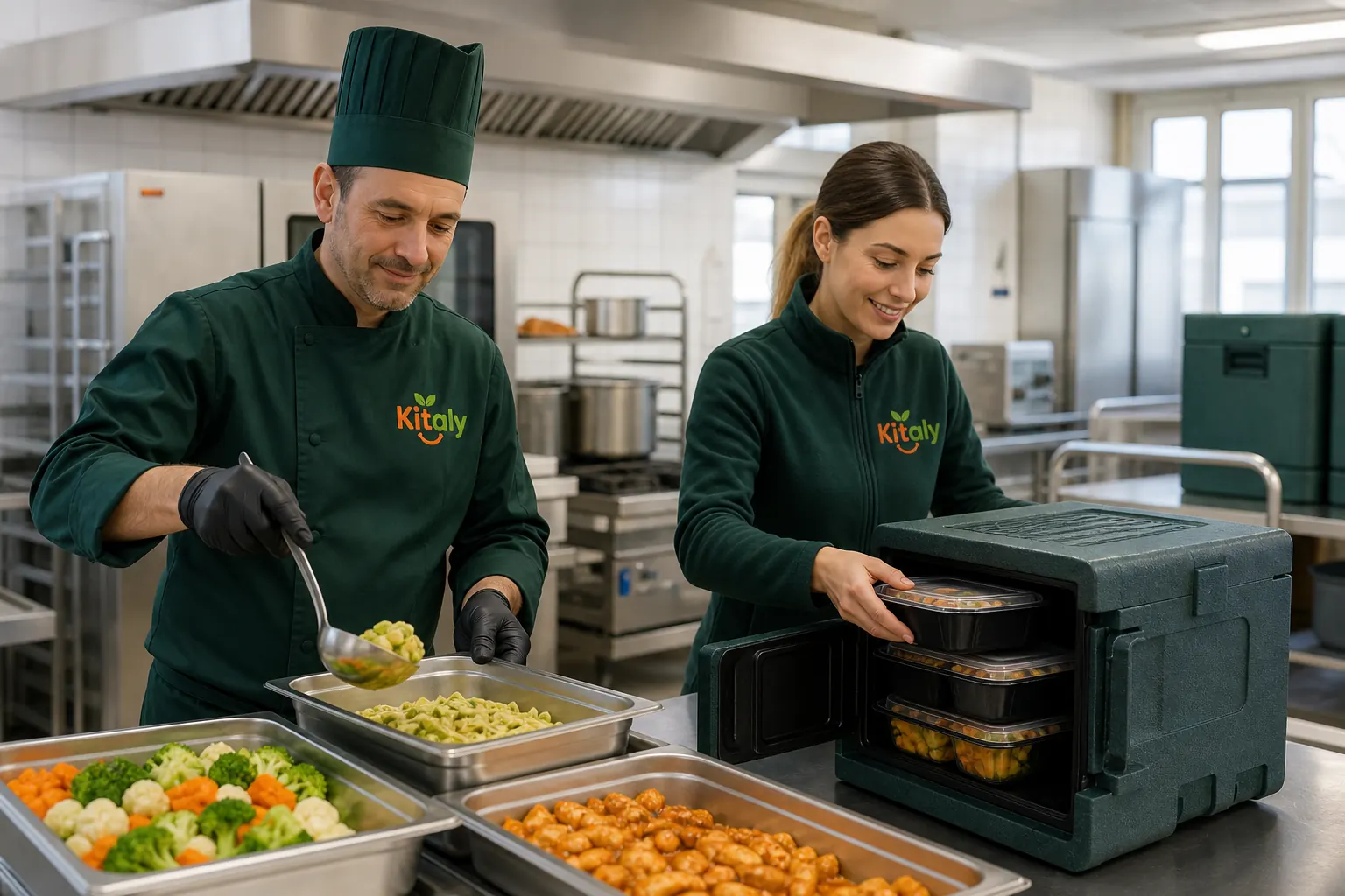 Kitaly-Team portioniert warme Mittagsverpflegung für Einrichtungen
