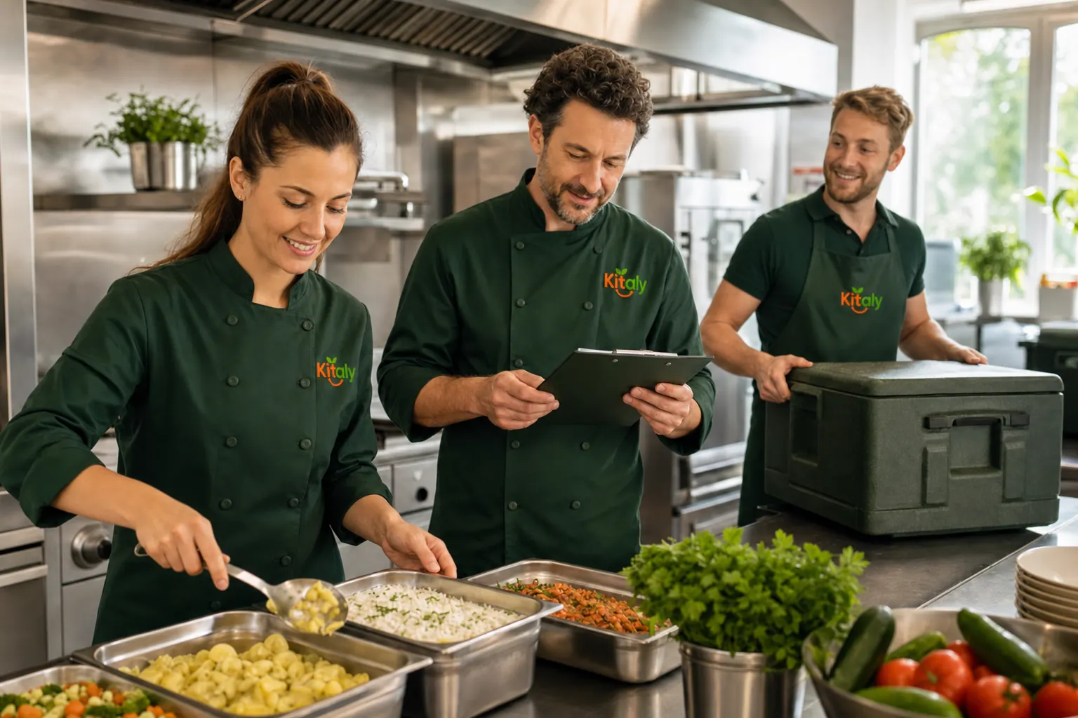 Das Kitaly-Team in der Produktionsküche — frisch kochen, planen und warm liefern