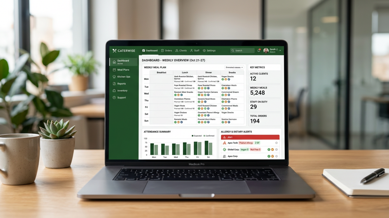 Kitaly Management: Dashboard-Ansicht. Menüterv hét. Jelenlegi 24, Hiányzó 2. Allergia kilátásban